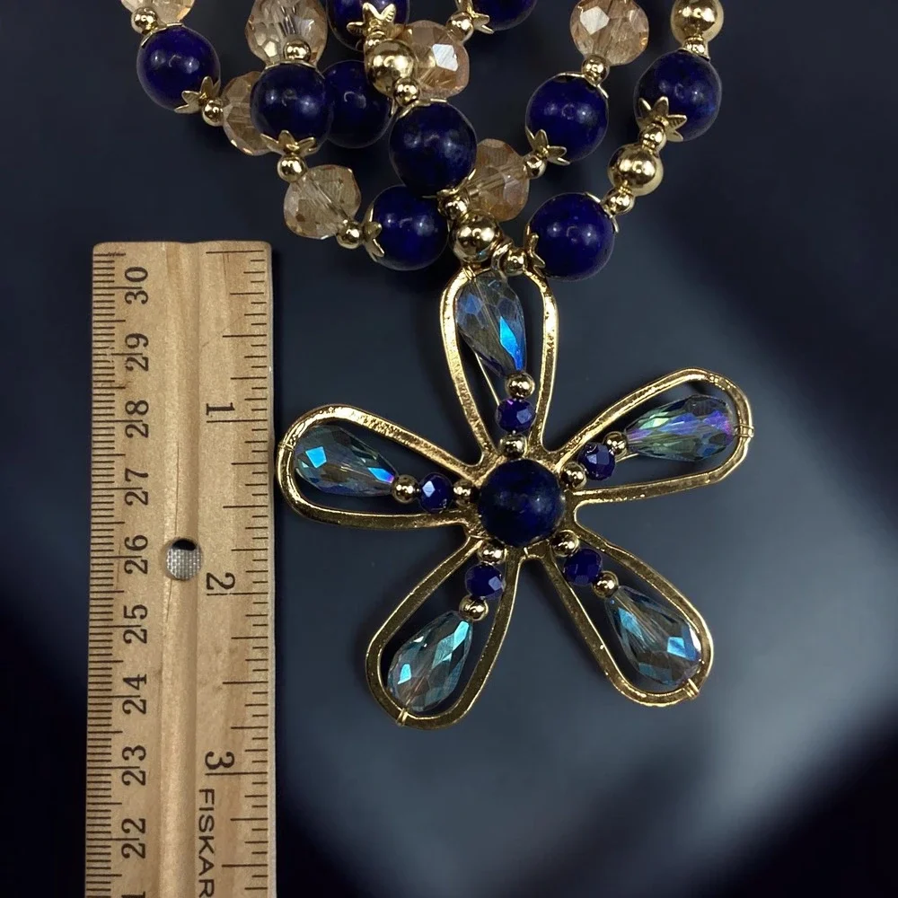 Handmade Mexican 3 Stretch Bracelets Lapis Lazuli Crystal Gold Flower Charm Blue